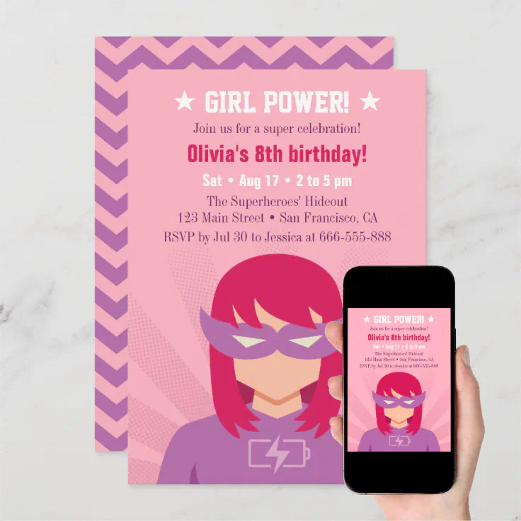 Girl Power Superhero Birthday Party Bash Invitation Zazzle