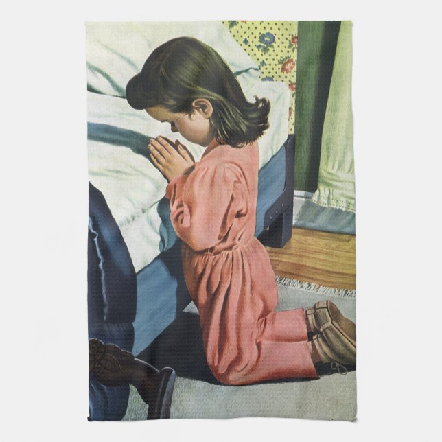 Girl Praying at Bedtime, the Lord's Prayer Kitchen Towel (Vertical)