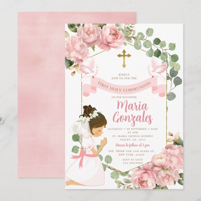 Girl Praying First Holy Communion Pink Floral Invitation (Front/Back)