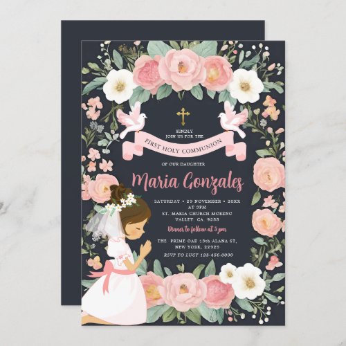 Girl Praying First Holy Communion Pink Floral Invitation