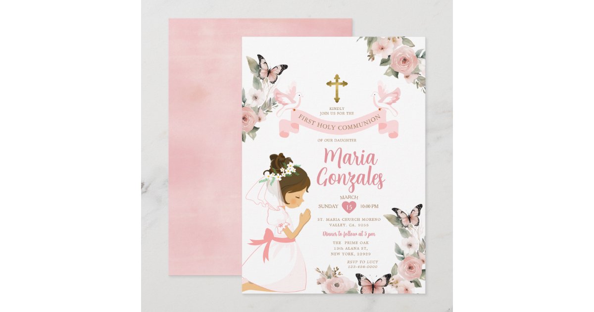 Girl Praying First Holy Communion Pink Floral Invitation | Zazzle