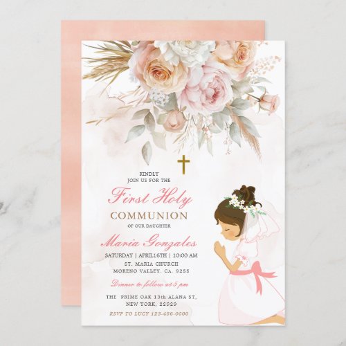 Girl Praying First Holy Communion Pink Floral Invitation