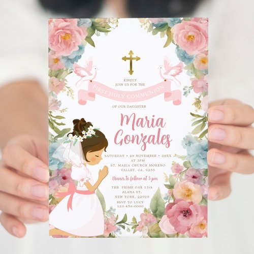 Girl Praying First Holy Communion Pink Floral Invitation