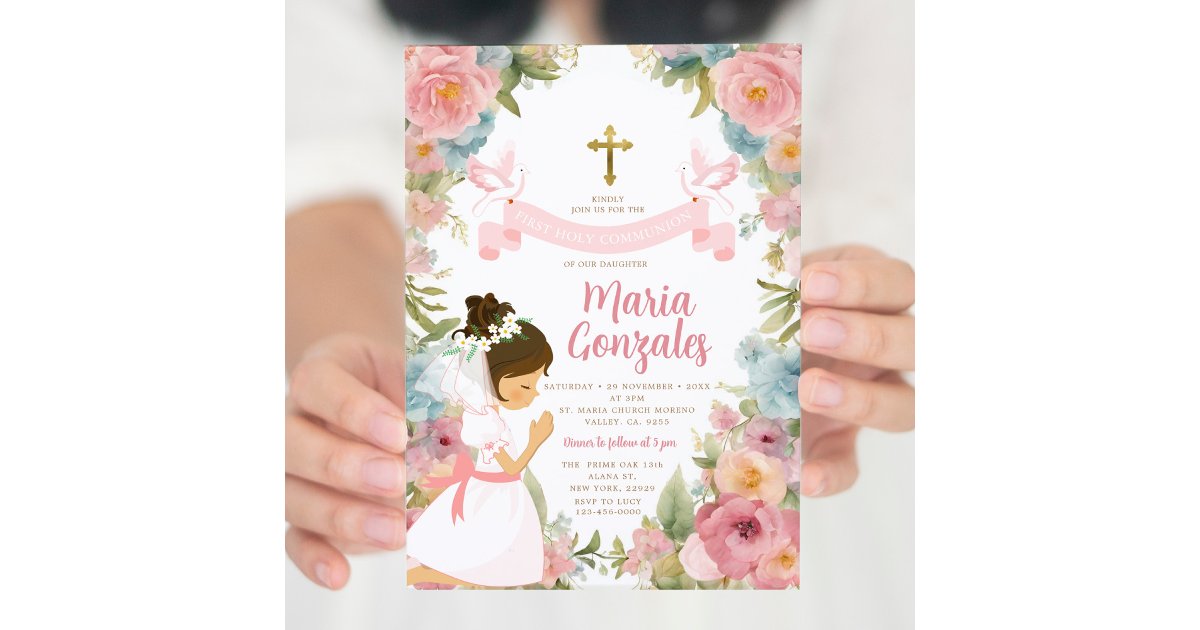 Girl Praying First Holy Communion Pink Floral Invitation | Zazzle