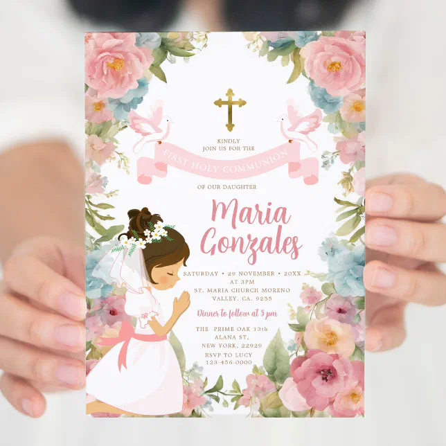 Girl Praying First Holy Communion Pink Floral Invitation | Zazzle