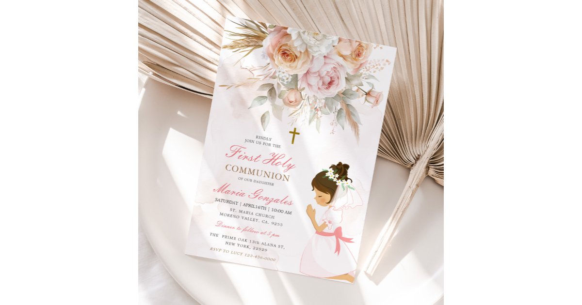 Girl Praying First Holy Communion Pink Floral Invitation | Zazzle