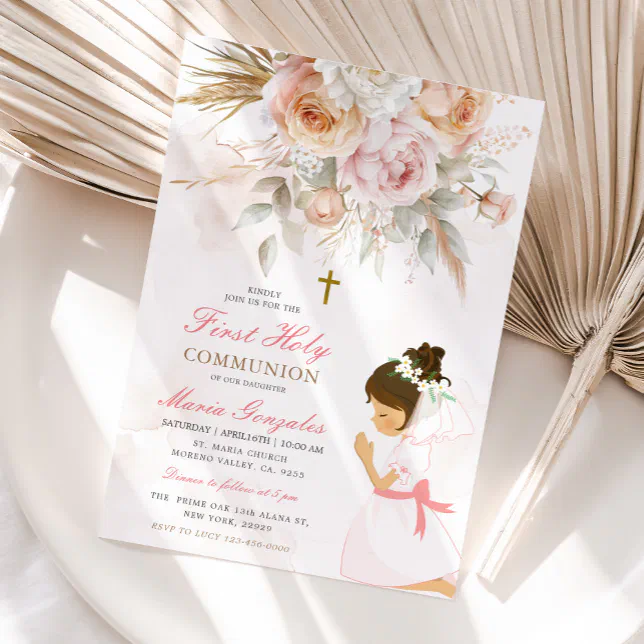 Girl Praying First Holy Communion Pink Floral Invitation | Zazzle