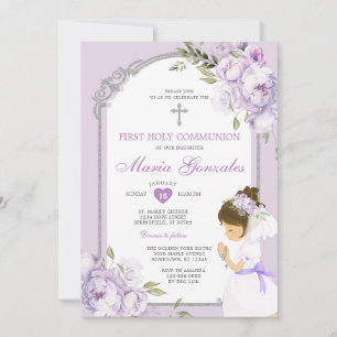 Girl Praying First Holy Communion Purple Floral Invitation
