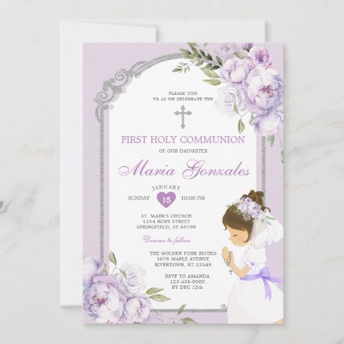 Girl Praying First Holy Communion Purple Floral Invitation