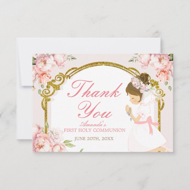 Girl Praying Gold 1st Holy Communion Thank You Card (Front)