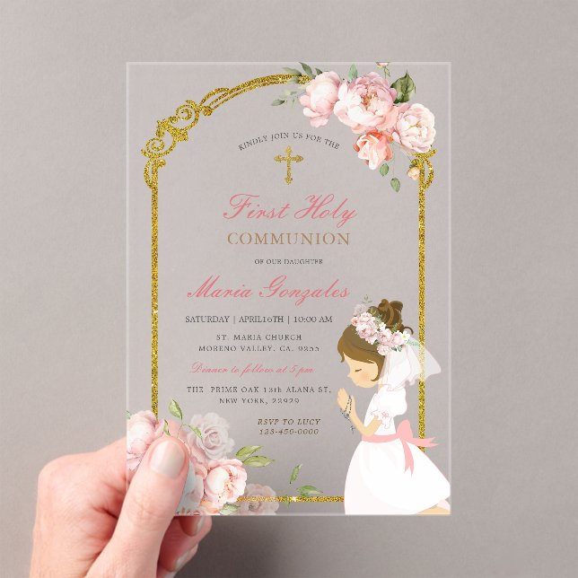 Girl Praying Gold First Holy Communion curly hair Acrylic Invitations (Insitu (Handheld))