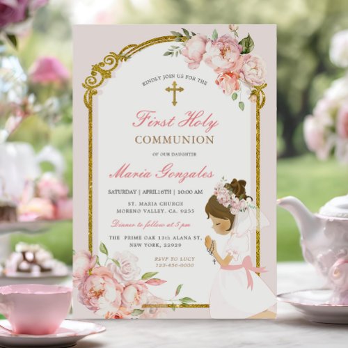 Girl Praying Gold First Holy Communion curly hair