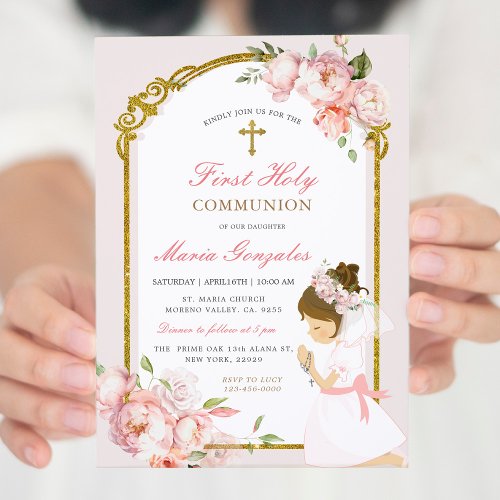 Girl Praying Gold First Holy Communion Pink Floral Invitation