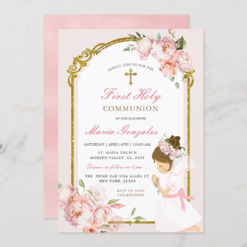 Girl Praying Gold First Holy Communion Pink Floral Invitation