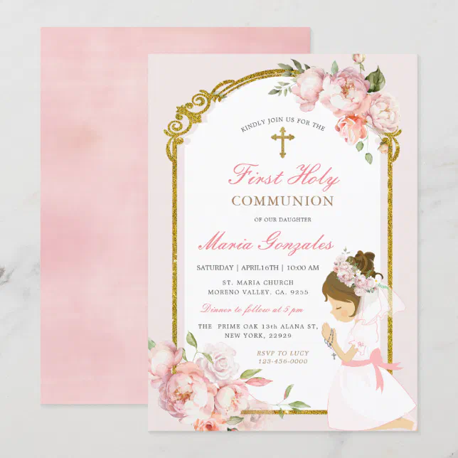 Girl Praying Gold First Holy Communion Pink Floral Invitation | Zazzle