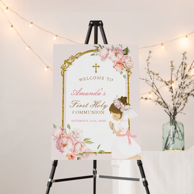 Girl Praying Gold First Holy Communion Welcome Foam Board (In Situ (Stand))