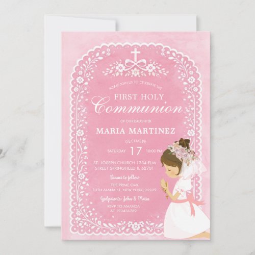 Girl Praying Pink Papel Picado 1st Holy Communion Invitation