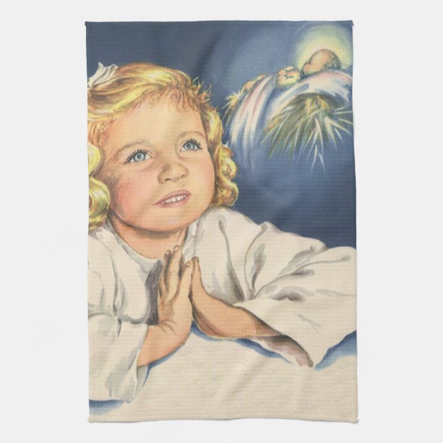 Girl Praying to Jesus Christ, Bedtime Prayers Kitchen Towel (Vertical)