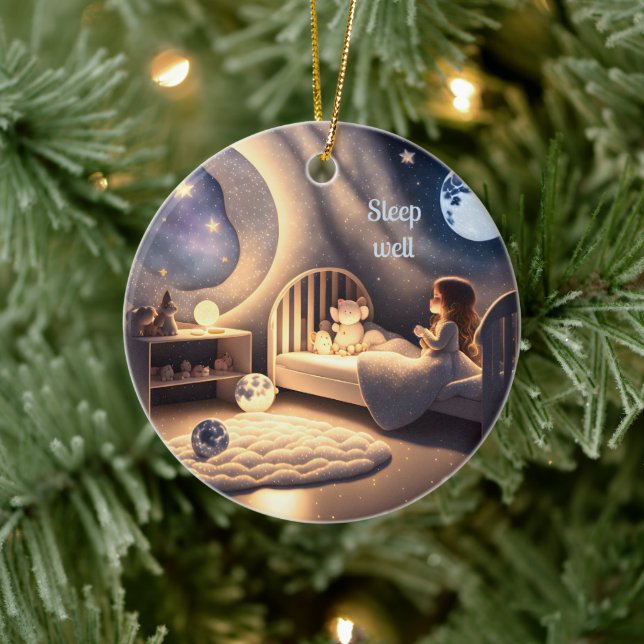 Girl prays in moonlight and by starlight ceramic ornament (Tree)