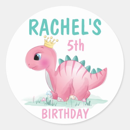 Girl Princess Dinosaur Pink  Teal Birthday Party Classic Round Sticker