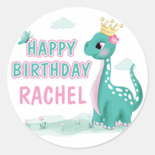 Girl Princess Dinosaur Pink & Teal Birthday Party Classic Round Sticker
