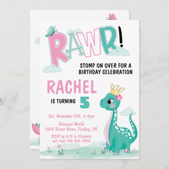 Girl Princess Dinosaur Pink & Teal Birthday Party Invitation (Front/Back)
