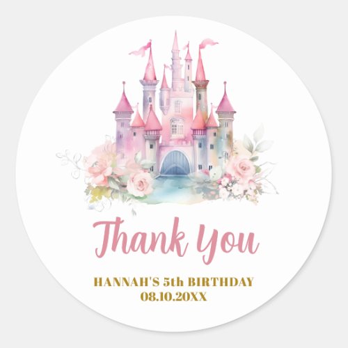 Girl Princess Royal Castle 5th Birthday Thank You Classic Round Sticker