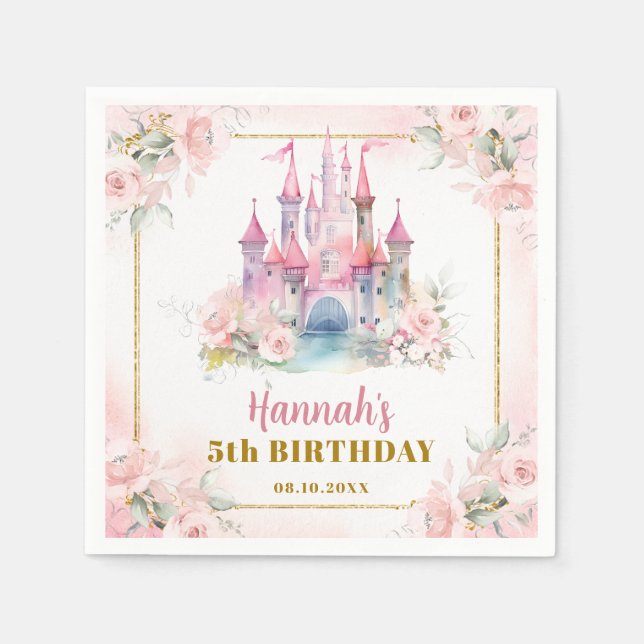 Girl Princess Royal Castle Fifth Birthday Paper Napkins (Front)