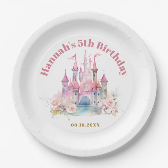 Girl Princess Royal Castle Fifth Birthday Paper Plates (Front)