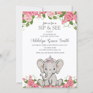 Girl Princess Tiara Elephant Pink Floral Sip See Invitation
