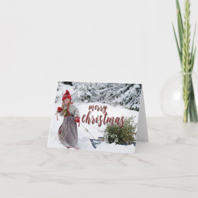 Girl Pulling Sled with Tree, Merry Christmas Holiday Card (Front)