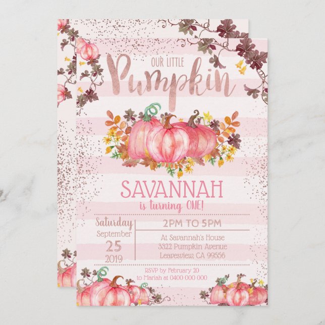 Girl Pumpkin 1st Birthday Invitation - Fall (Front/Back)