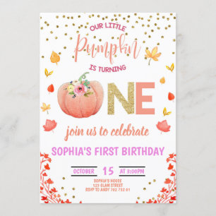 Girl Pumpkin 1st Birthday ONE Gold Glitter Pink Invitation