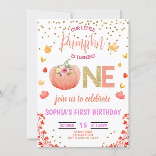 Girl Pumpkin 1st Birthday ONE Gold Glitter Pink Invitation