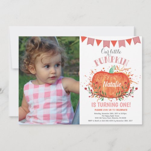 Girl Pumpkin Birthday Invitation Orange and Pink