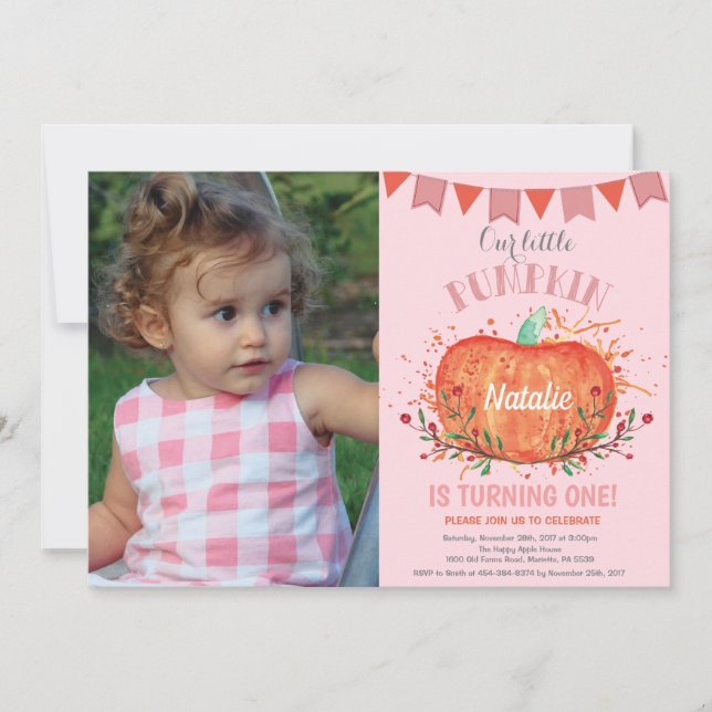 Girl Pumpkin Birthday Invitation Orange and Pink (Front)