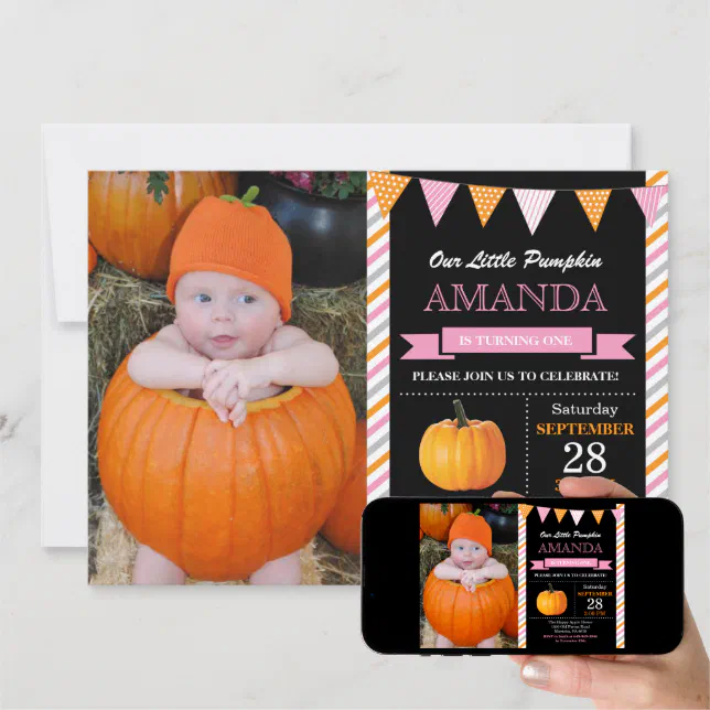 Girl Pumpkin Birthday Invitation Orange and Pink | Zazzle