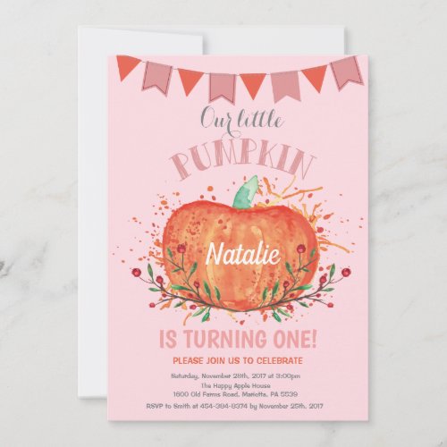 Girl Pumpkin Birthday Invitation Orange and Pink