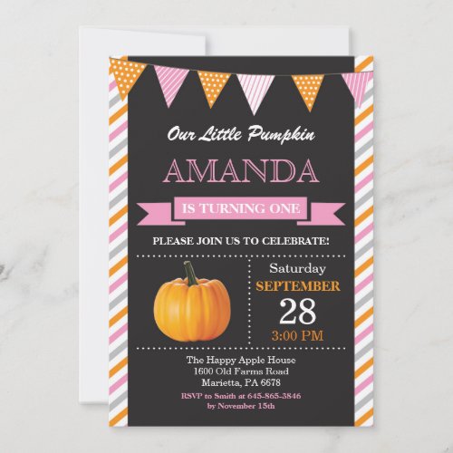 Girl Pumpkin Birthday Invitation Orange and Pink