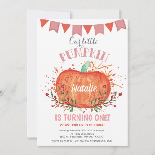 Girl Pumpkin Birthday Invitation Orange and Pink