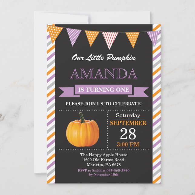 Girl Pumpkin Birthday Invitation Orange and Purple (Front)