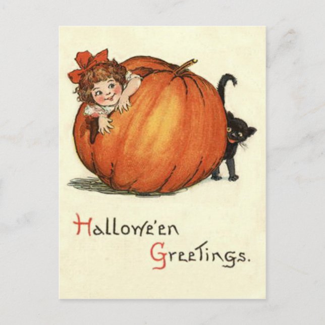 Girl Pumpkin Black Cat Postcard (Front)