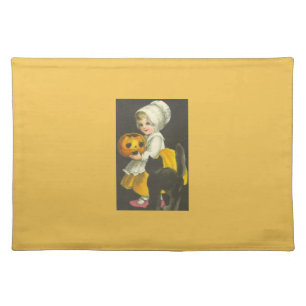 Girl Pumpkin Black Cat Vintage Halloween Placemats