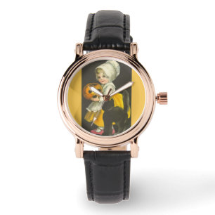 Girl Pumpkin Black Cat Vintage Halloween Watch