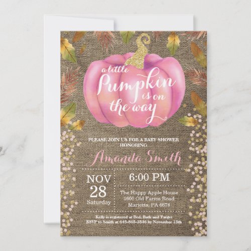 Girl Pumpkin Fall Baby Shower Gold Glitter Burlap Invitation