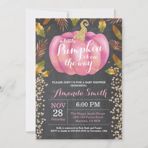 Girl Pumpkin Fall Baby Shower Gold Glitter Invitation