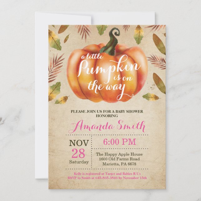 Girl Pumpkin Fall Baby Shower Invitation Rustic (Front)