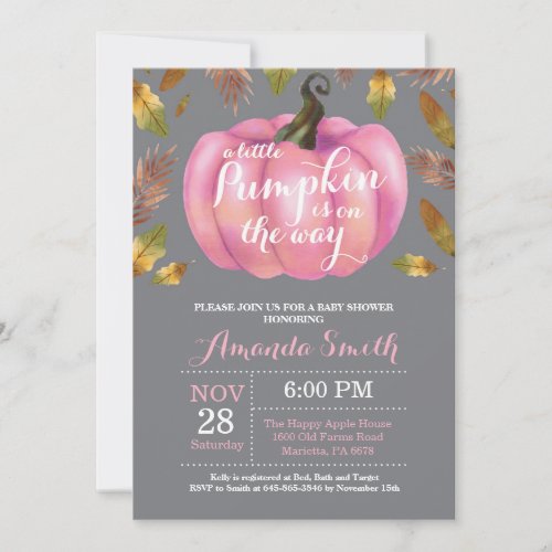 Girl Pumpkin Fall Baby Shower Pink and Gary Invitation