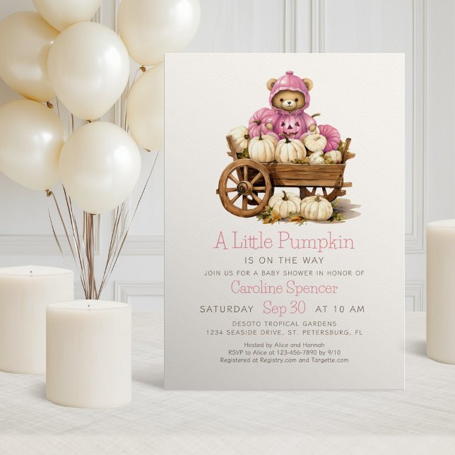 Girl Pumpkin Fall Bear Baby Shower Invitation (Creator Uploaded)