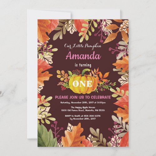 Girl Pumpkin Fall Birthday Invitation